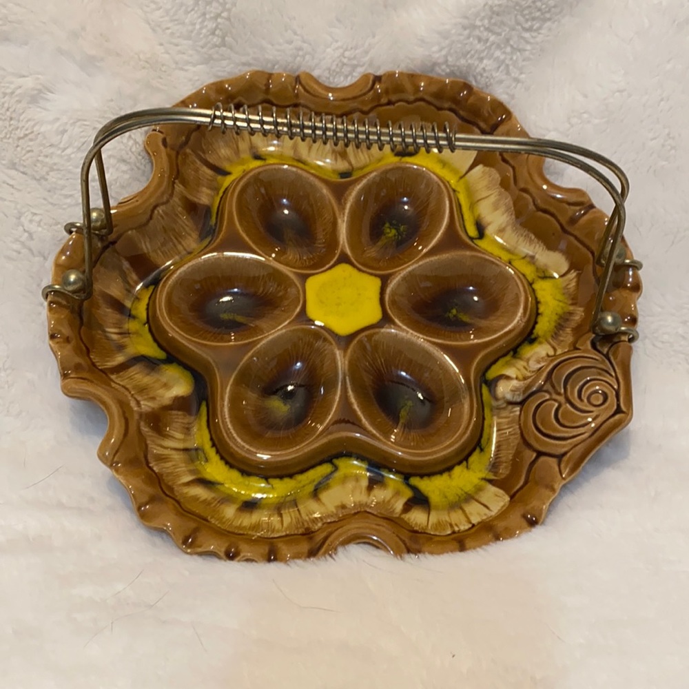 MCM drip glaze deviled egg tray with mid century modern metal handle.